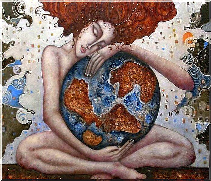 Woman hugging the world