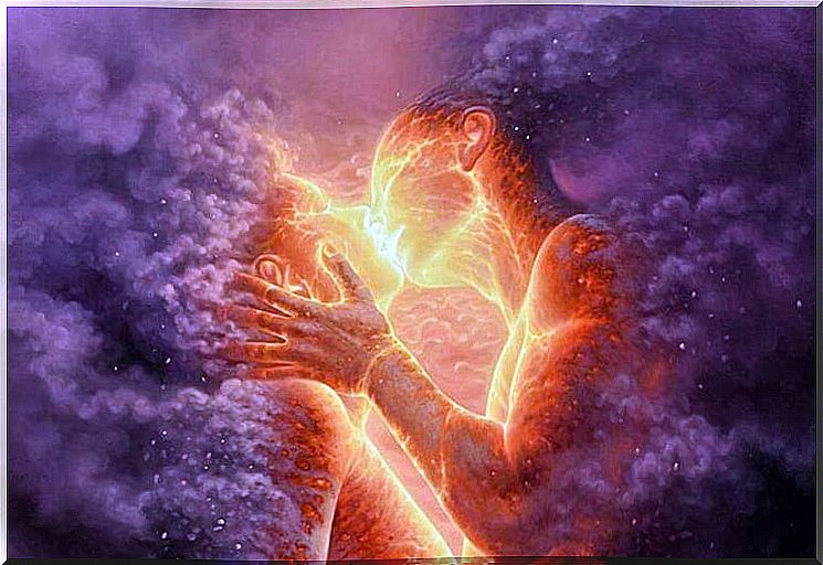 couple engulfed in fire kissing