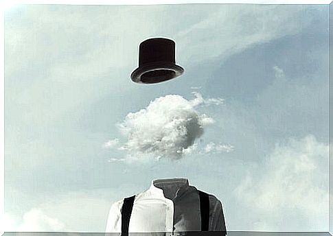 Man with cloud on his head simulating brain fog