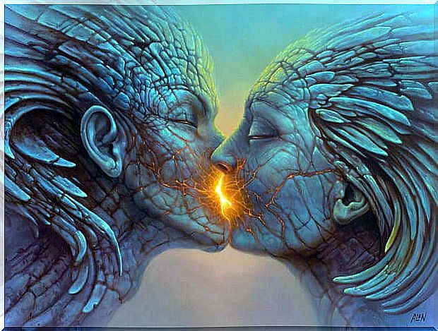 couple with stone skin kissing