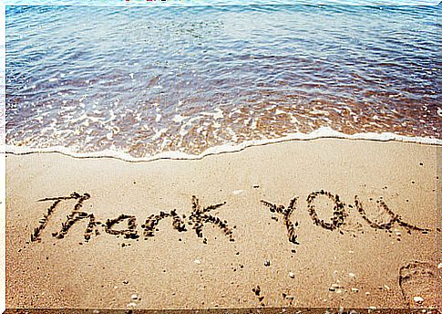 Word thank you written in the sand on the beach