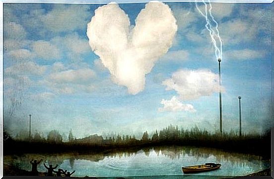 Heart-shaped cloud over pond