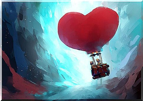 Couple riding on a heart-shaped balloon