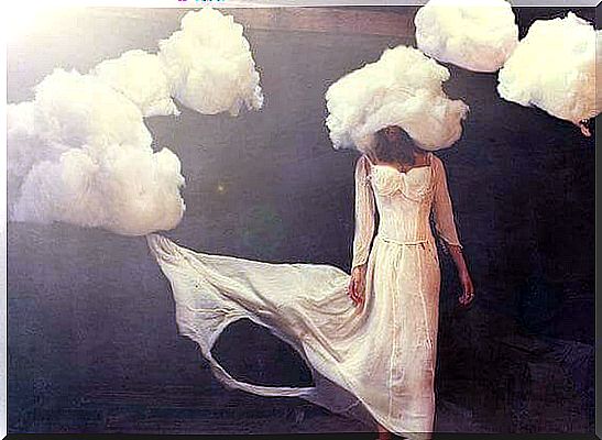 Woman with clouds on her head symbolizing the origin of feelings