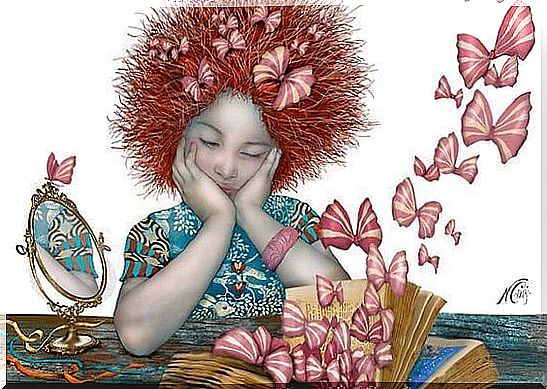 girl looking at a book that opens with butterflies