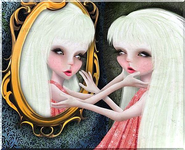 Narcissistic woman looking in the mirror